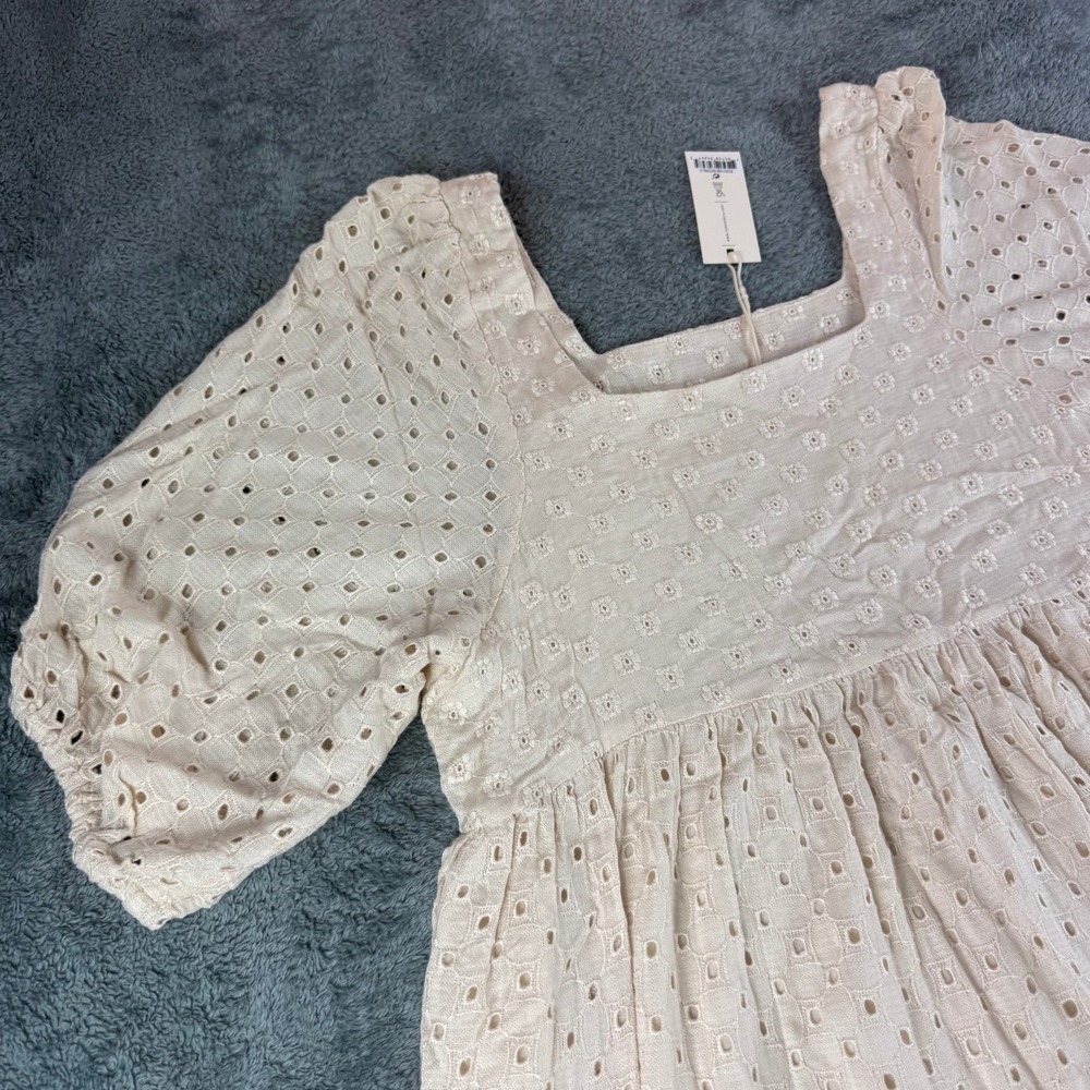 Rylee + Cru Natural Eyelet Lace Babydoll Dress Cream Puff Sleeve Small RCW271NA - Picture 10 of 11